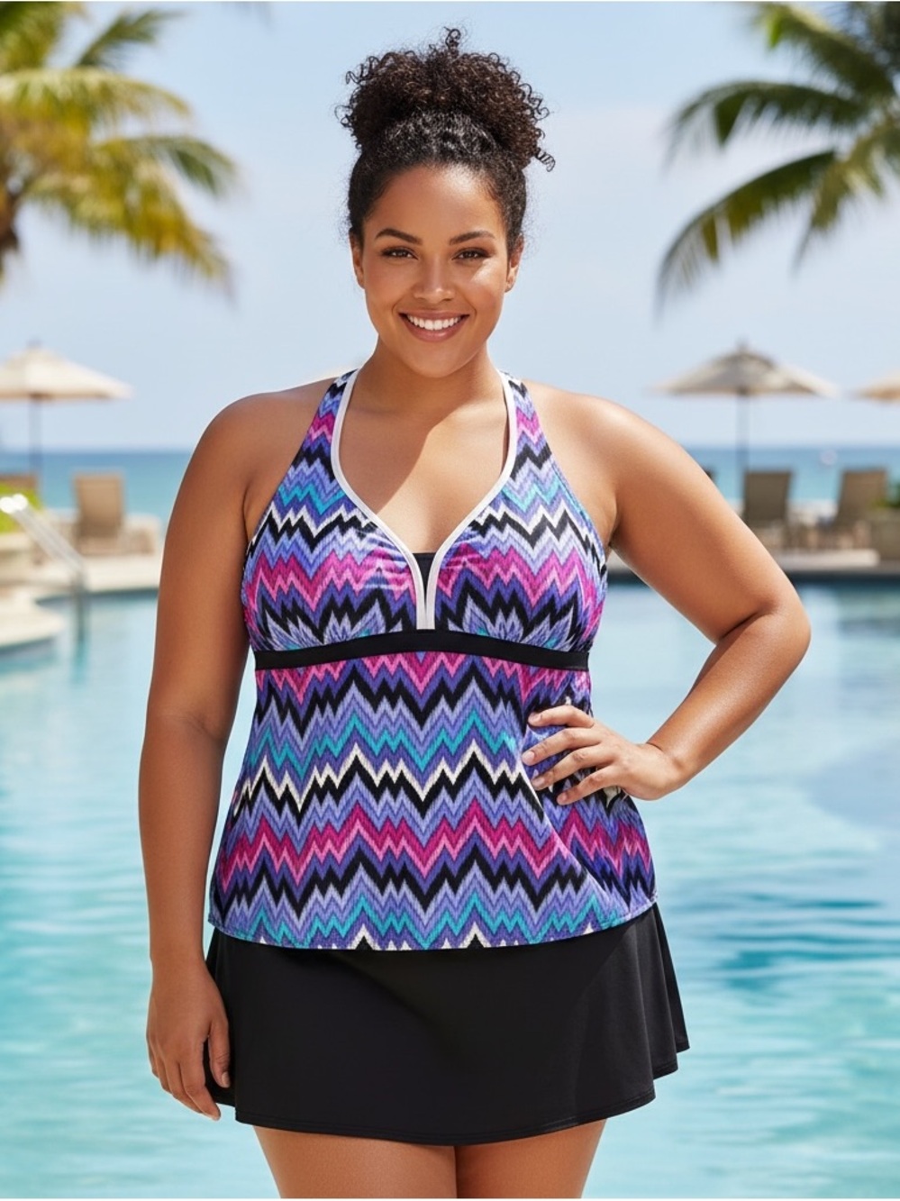 💜ZeroXposur Chevron Print Racerback Tankini Top - Purple, Blue & Pink 18W